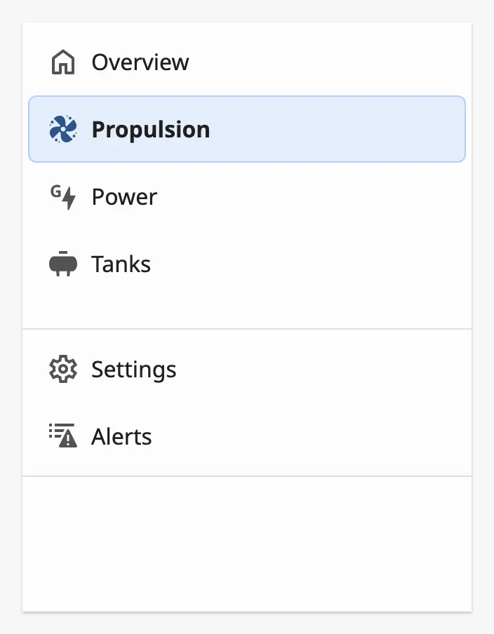 Navigation Bar with four pages, a footer and the alert list